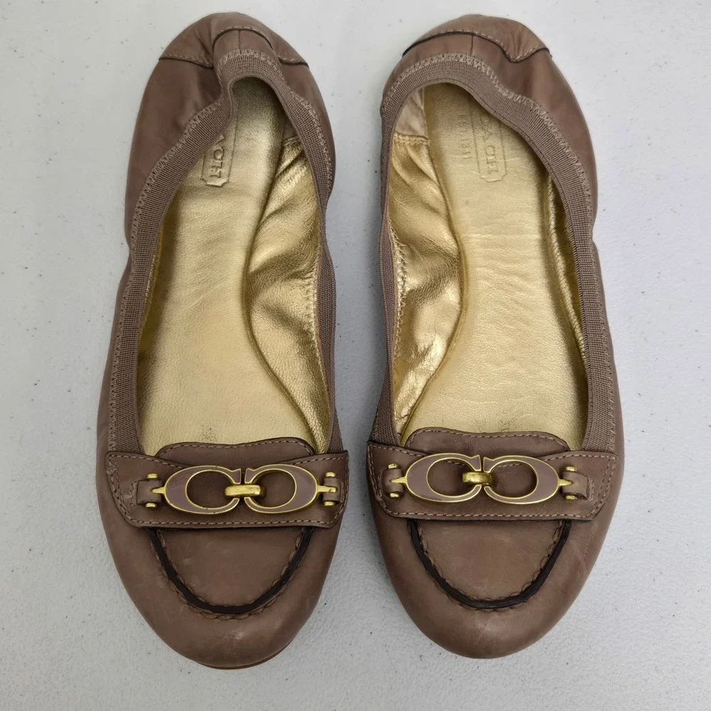Coach Denise Women Brown Leather Ballet Flats with Gold Accent Buckle Size 7B